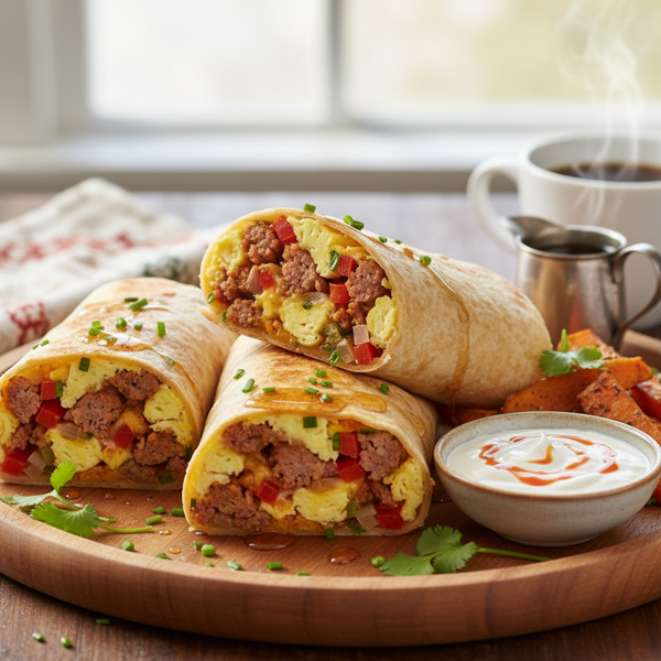Savory Maple Sausage Breakfast Burritos recipe
