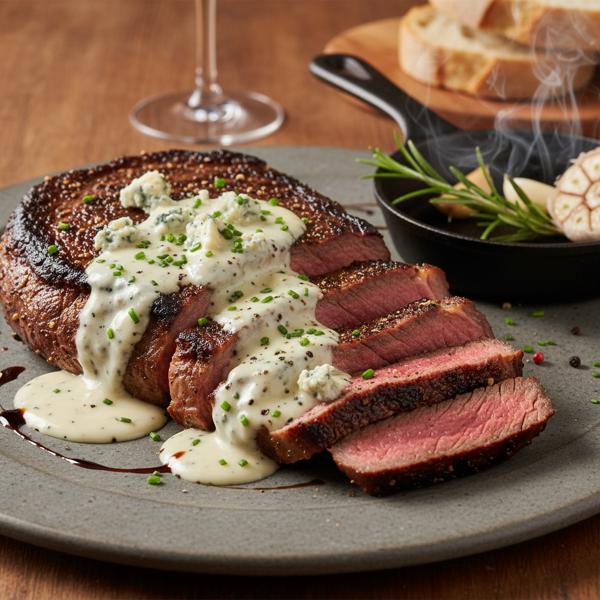 Savory Marinated Sirloin with Creamy Blue Cheese Topping recipe
