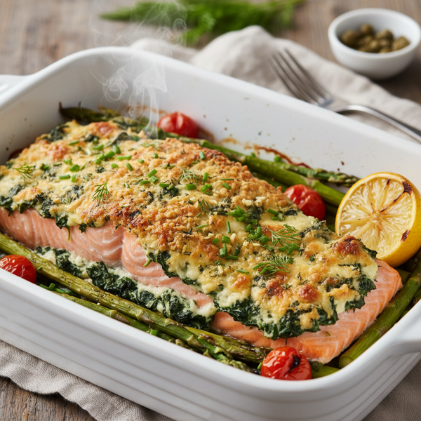 Savory Mascarpone Spinach Baked Salmon recipe