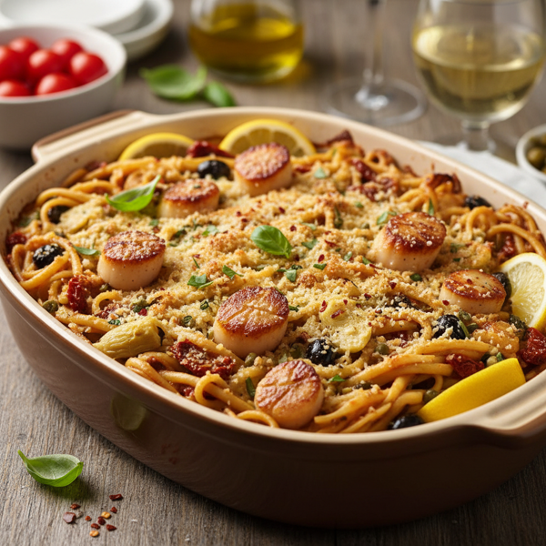 Savory Mediterranean Scallop Linguini Bake recipe