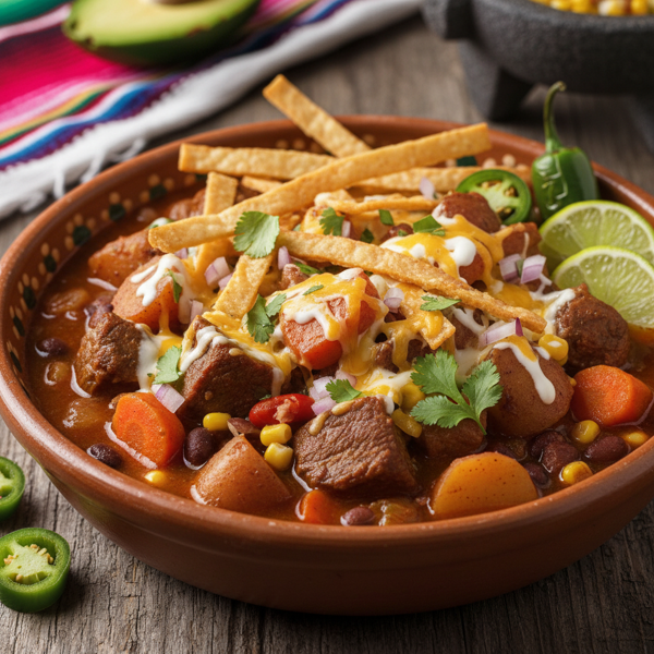 Savory Mexican Beef Stew with Cheesy Tortilla Toppings recipe