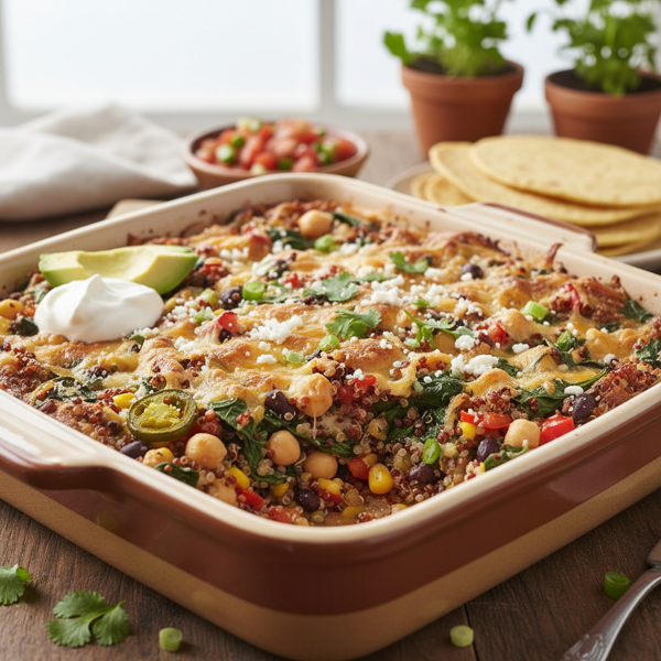 Savory Mexican Quinoa Bake with Spinach and Chickpeas recipe