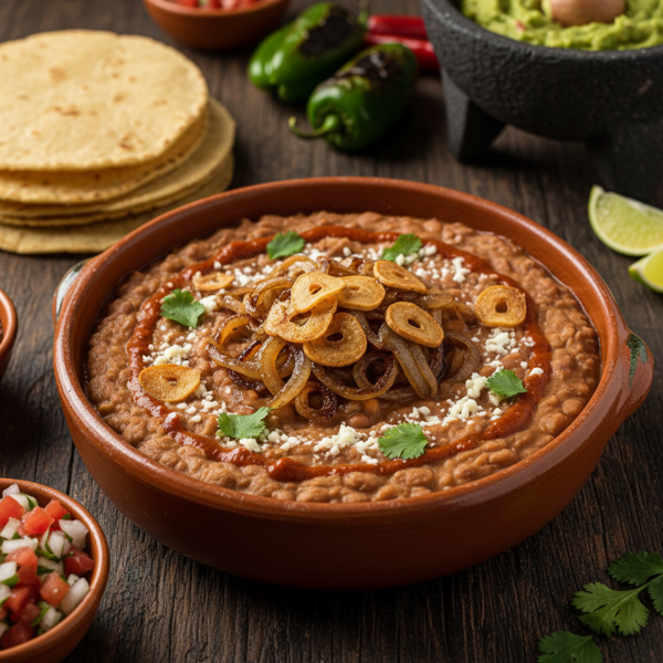 Savory Mexican Refried Beans with Caramelized Onions and Garlic recipe
