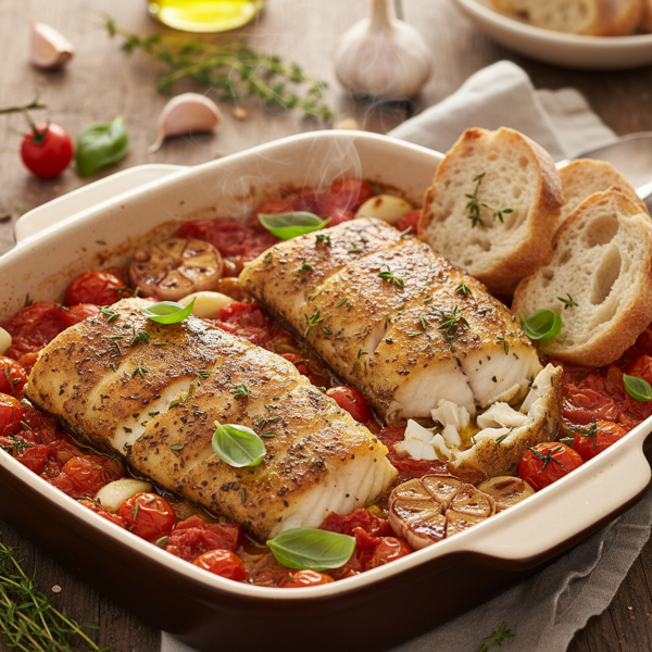 Savory Monkfish in Roasted Tomato-Garlic Medley recipe