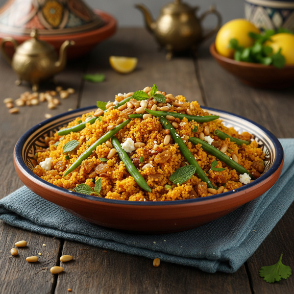 Savory Moroccan Couscous with Toasted Pine Nuts and Fresh Green Beans recipe