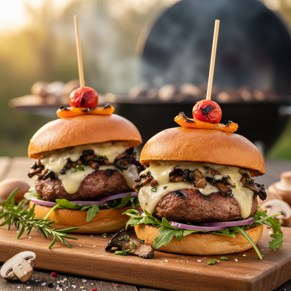 Savory Mushroom-Stuffed Grilled Pork Burgers recipe