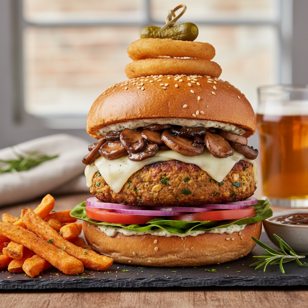 Savory Mushroom Swiss Veggie Burger Deluxe recipe