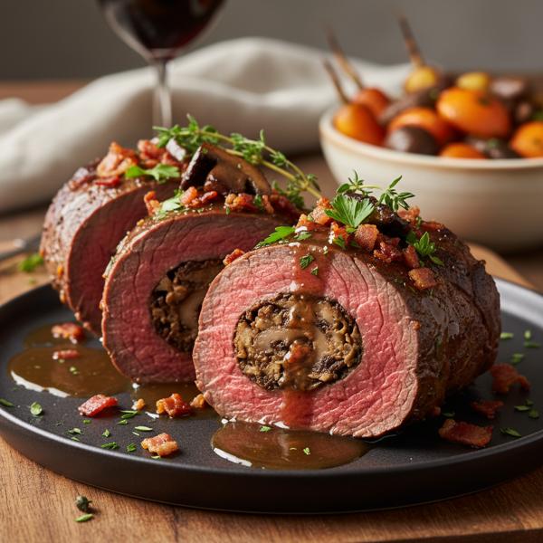 Savory Mushroom and Bacon Stuffed Beef Tenderloin recipe