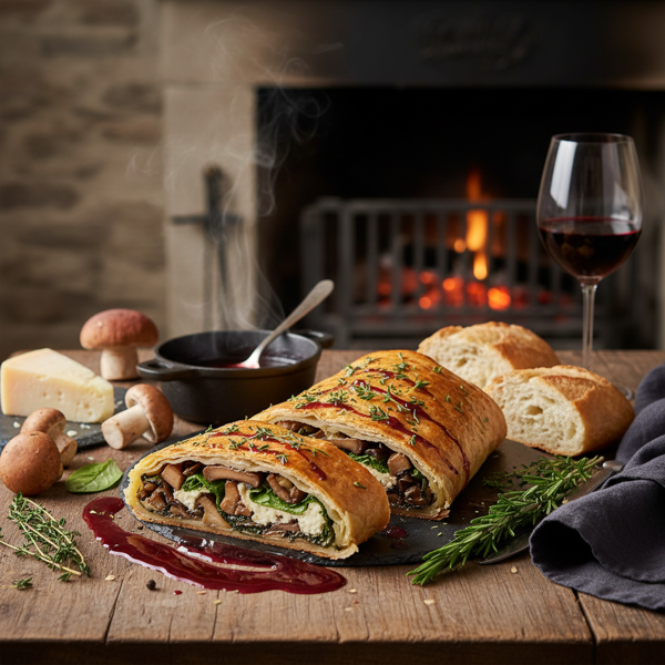 Savory Mushroom and Cheese Strudel with Rich Red Wine Reduction recipe