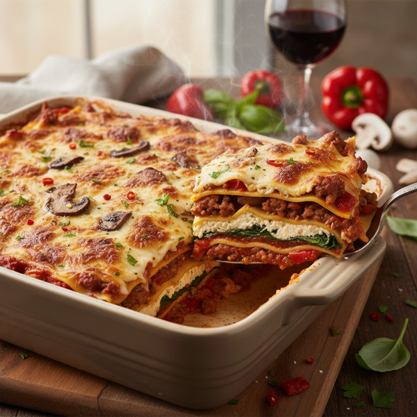 Savory Mushroom and Sausage Lasagna with Roasted Red Pepper Marinara recipe