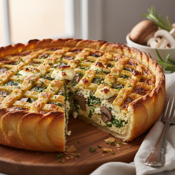 Savory Mushroom and Spinach Quiche with Crispy Potato Crust recipe