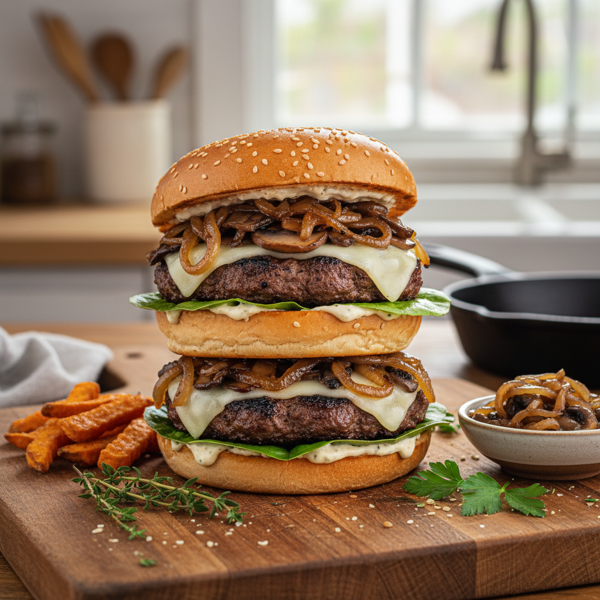 Savory Mushrooms & Caramelized Onion Burgers recipe