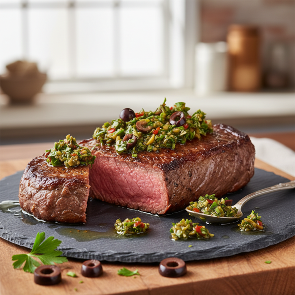 Savory New York Strip Steak with Kalamata Olive Chimichurri recipe