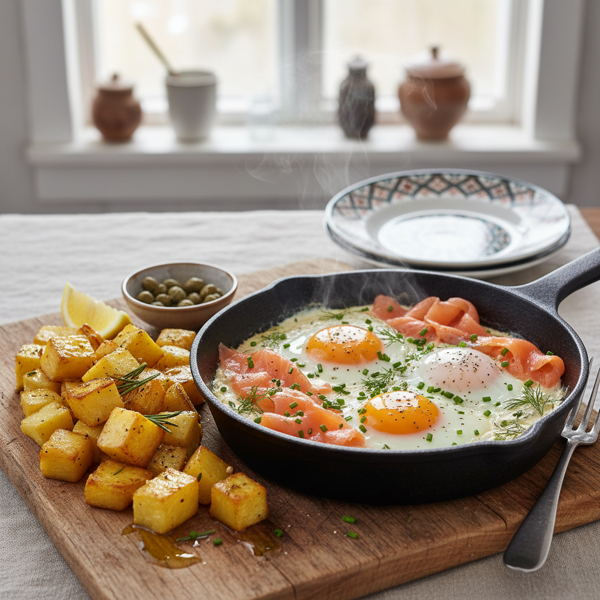 Savory Norwegian Eggs with Smoked Salmon and Sautéed Potatoes recipe