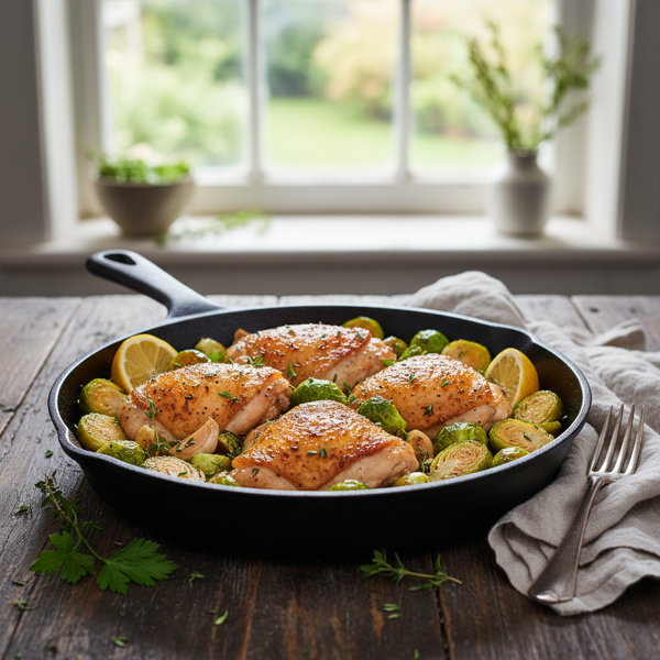 Savory One-Pan Crispy Chicken with Garlic Brussels Sprouts recipe