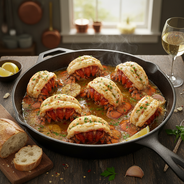 Savory One-Pan Steamed Lobster Tails with Garlic Butter Wine Sauce recipe