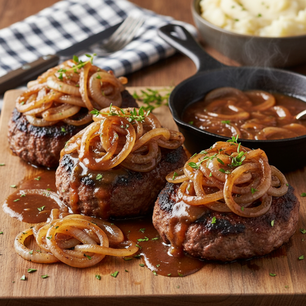 Savory Onion-Topped Hamburger Steaks recipe