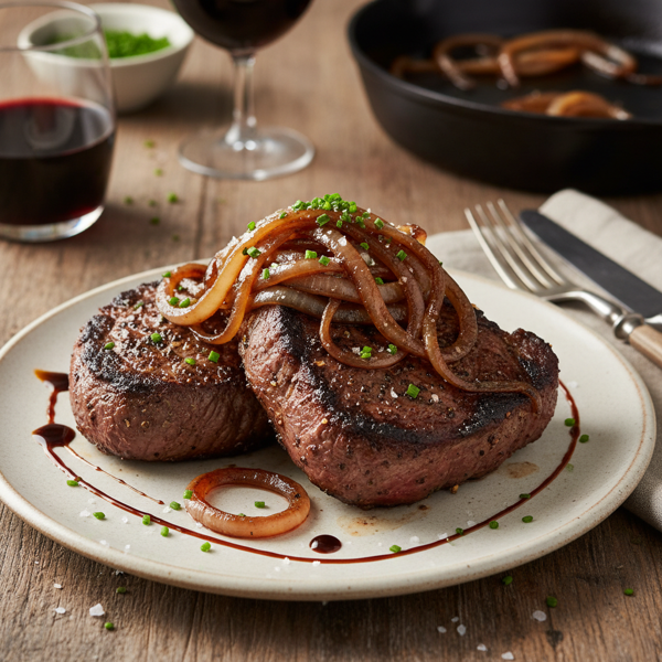 Savory Pan-Seared Strip Steaks with Balsamic Caramelized Onions recipe
