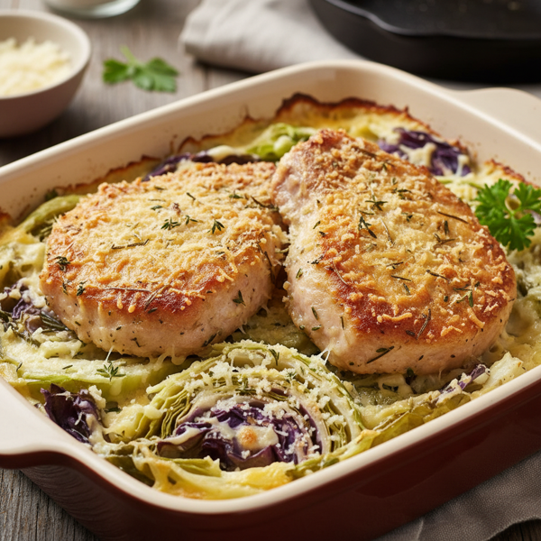 Savory Parmesan Pork Chops with Creamy Cabbage Bake recipe