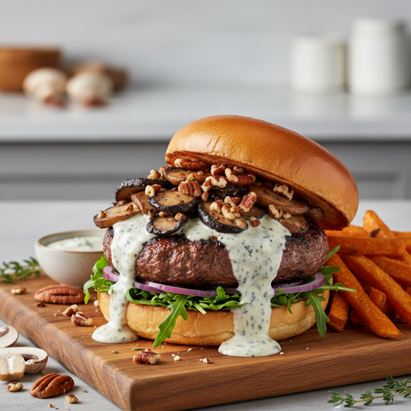 Savory Pecan and Mushroom Gourmet Burger with Blue Cheese Drizzle recipe