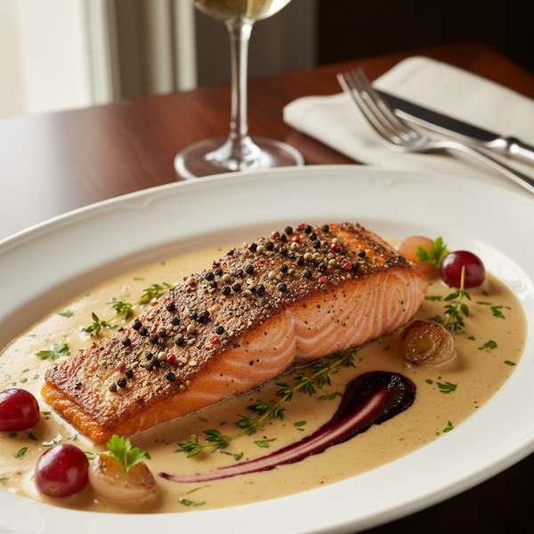 Savory Peppercorn Salmon with Velvety Wine Butter Sauce recipe
