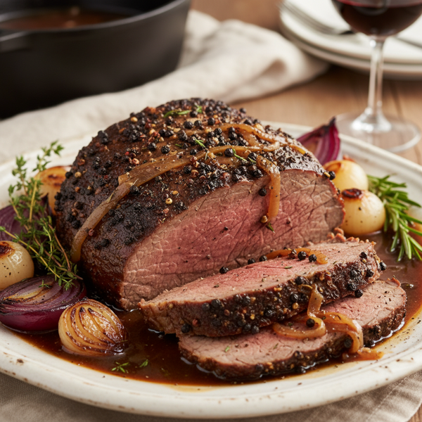 Savory Peppercorn and Onion Braised Beef Roast recipe