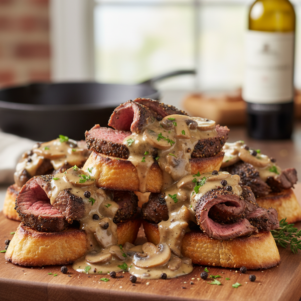 Savory Peppered Skirt Steak with Creamy Brandy Mushroom Sauce on Crostini recipe