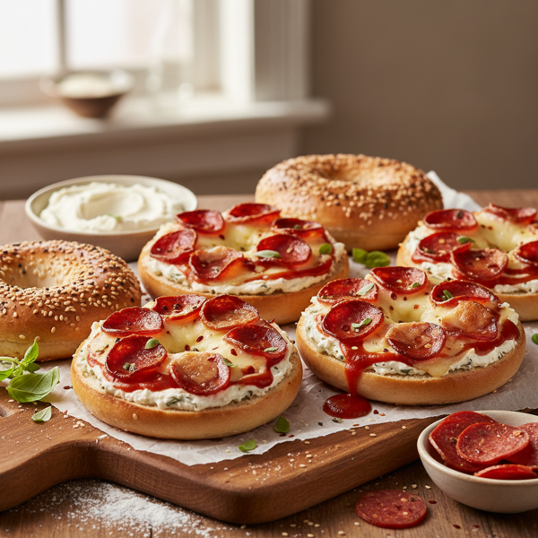 Savory Pepperoni Cream Cheese Bagel Pizzas recipe