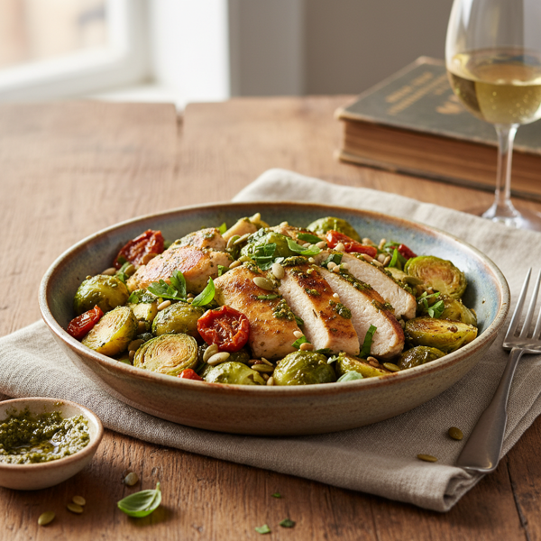 Savory Pesto Chicken & Brussels Sprout Bowl recipe