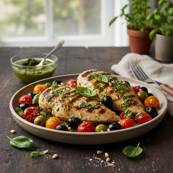 Savory Pesto Chicken & Olive Cherry Tomatoes recipe