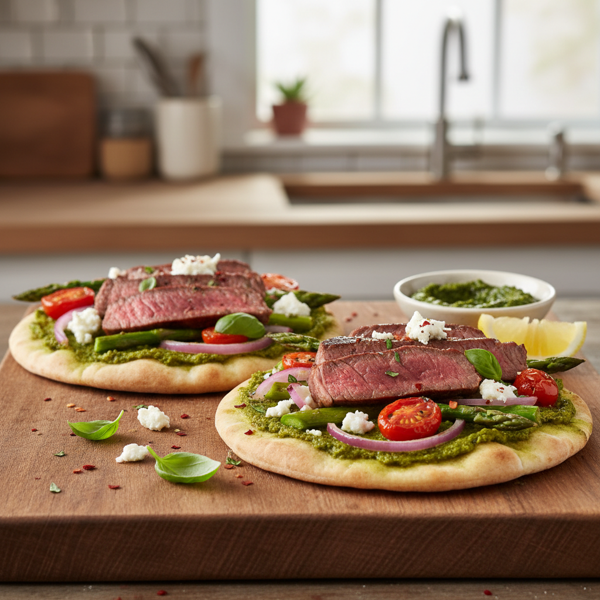 Savory Pesto Steak and Goat Cheese Pita Pizzas with Asparagus Medley recipe