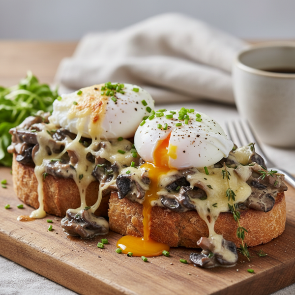 Savory Poached Eggs atop Creamy Mushroom Melts recipe