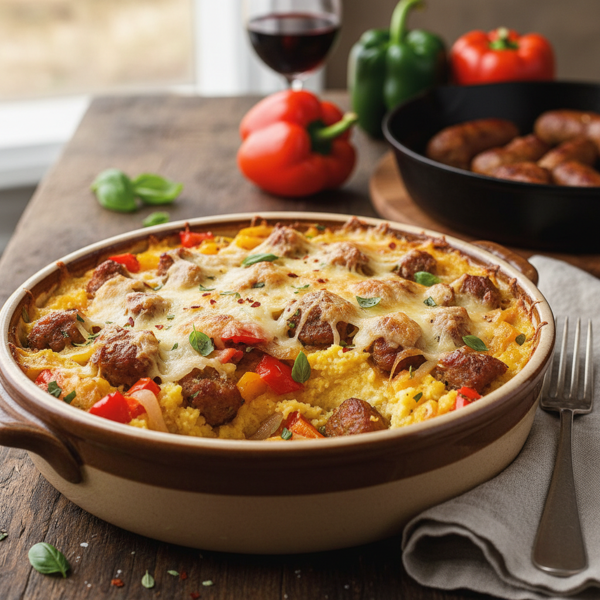 Savory Polenta Casserole with Bell Peppers and Italian Sausage recipe
