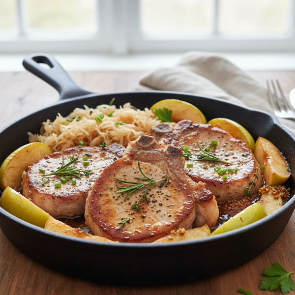 Savory Pork Chops with Apples and Sauerkraut recipe