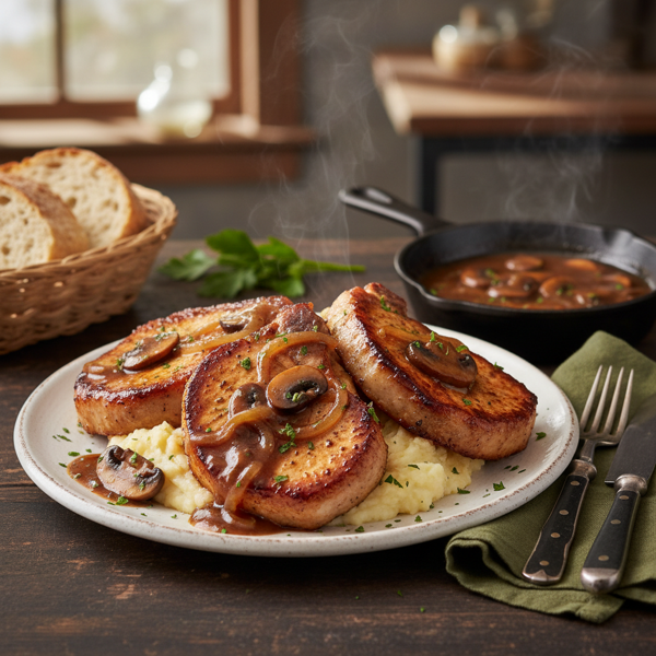 Savory Pork Chops with Rich Onion-Mushroom Gravy recipe