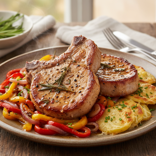 Savory Pork Chops with Sautéed Peppers and Creamy Potato Layer recipe