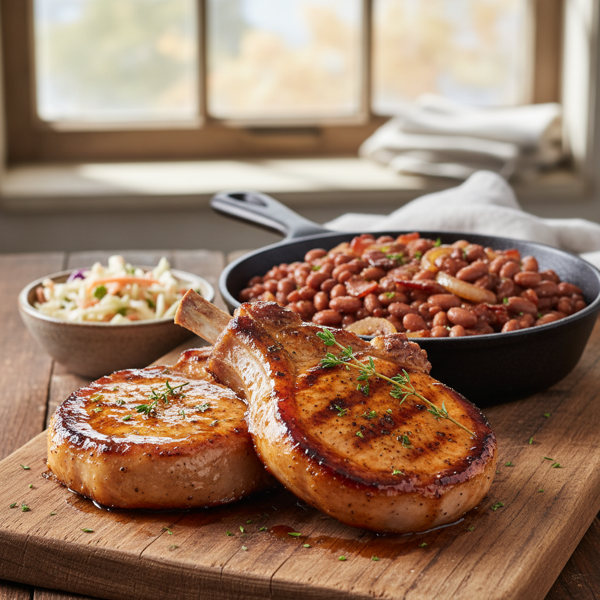 Savory Pork Chops with Sweet Baked Beans recipe