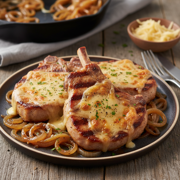 Savory Pork Chops with Sweet Caramelized Onions and Smoky Gouda recipe
