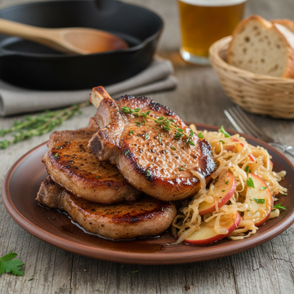Savory Pork Chops with Sweet Sauerkraut and Apples recipe