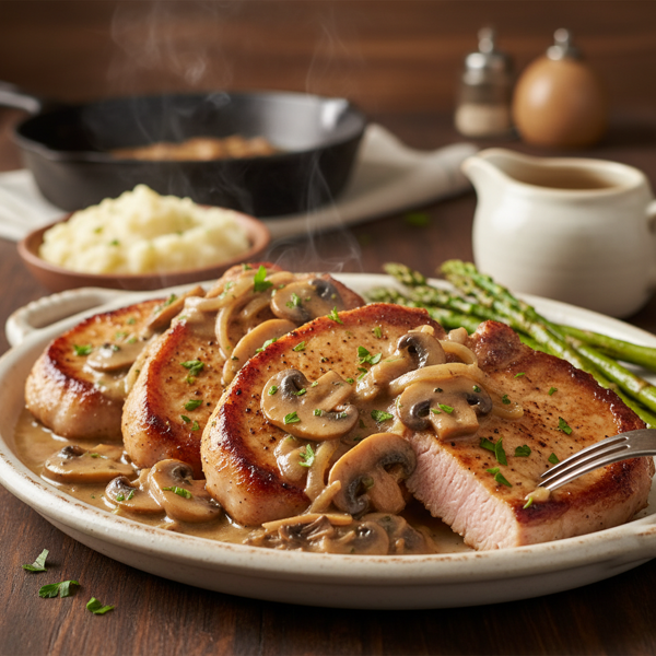 Savory Pork Loin Chops with Creamy Mushroom-Onion Gravy recipe