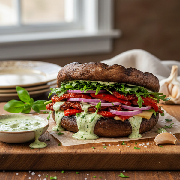 Savory Portabella Sandwiches with Roasted Garlic Basil Aioli recipe
