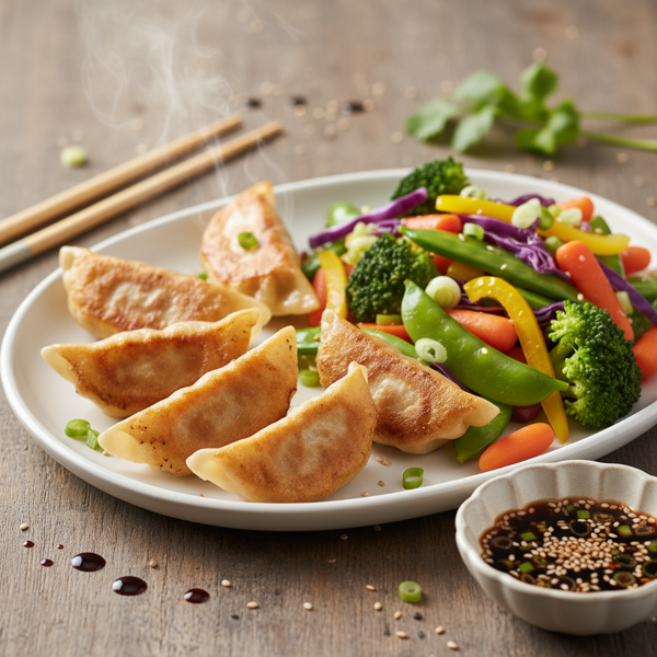 Savory Pot Stickers with Colorful Steamed Vegetables recipe