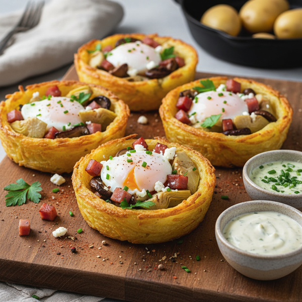 Savory Potato Nests with Ham, Eggs, Mushrooms, and Artichokes recipe