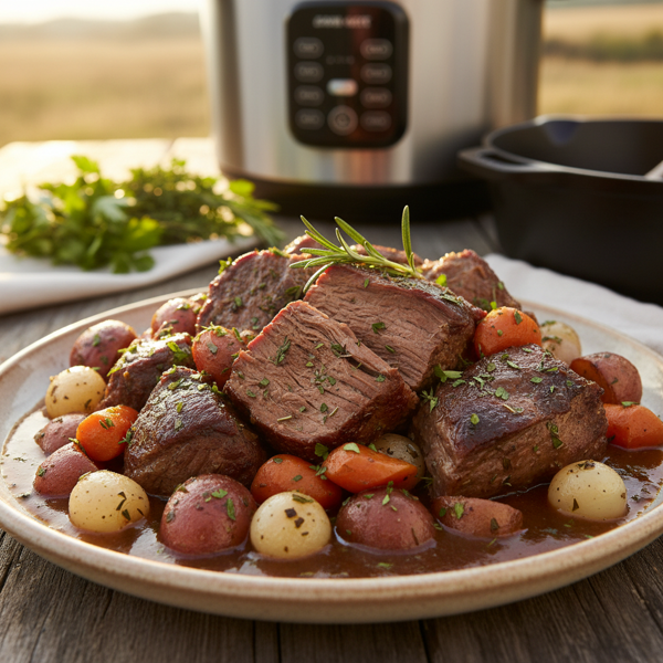 Savory Pressure Cooker Beef Pot Roast with Herb-Infused Gravy recipe