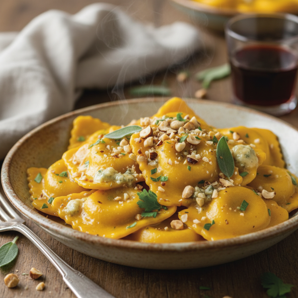 Savory Pumpkin Ravioli with Creamy Gorgonzola Sauce and Hazelnuts recipe