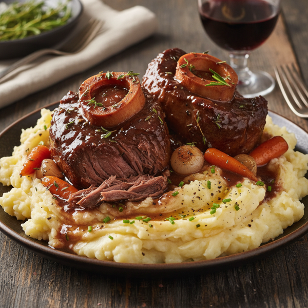Savory Red Wine Braised Beef Shanks with Creamy Roasted Garlic Mashed Potatoes recipe