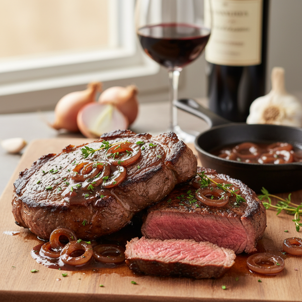 Savory Ribeye Steaks with Shallot-Red Wine Reduction recipe