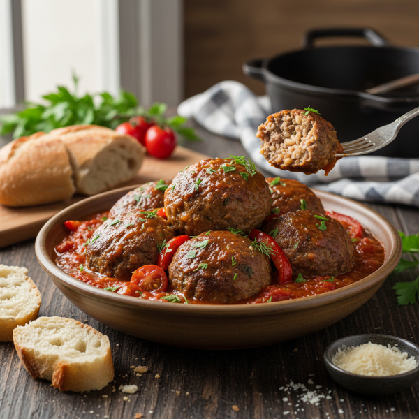 Savory Rice-Stuffed Meatballs in Tomato-Worcestershire Sauce recipe