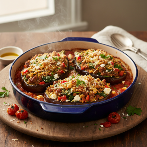 Savory Ricotta and Lamb-Stuffed Eggplants recipe