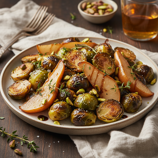 Savory Roasted Brussels Sprouts with Pear and Pistachio Delight recipe